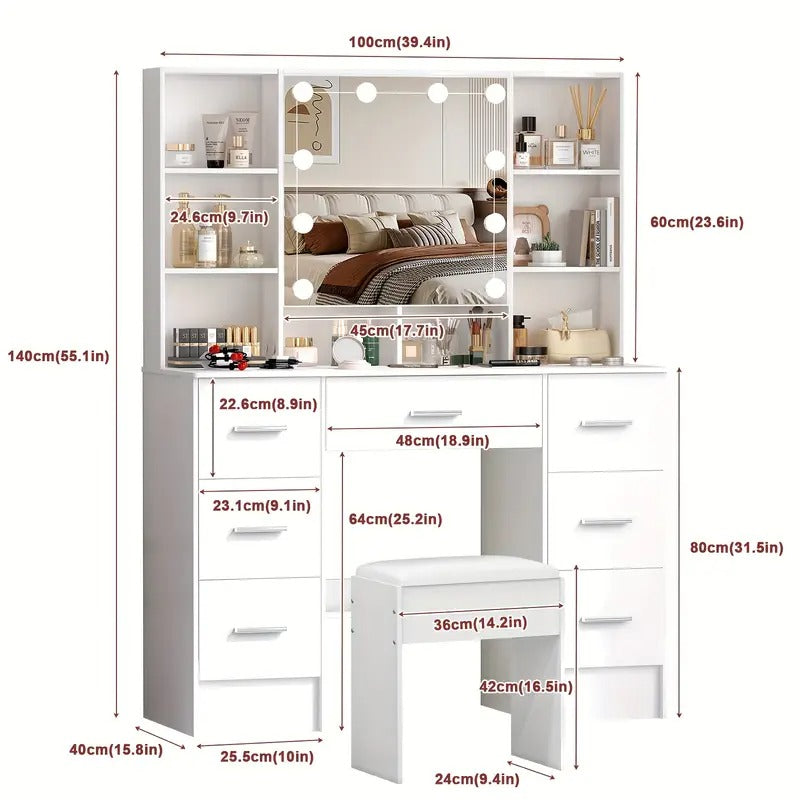 Dresser Set With LED Illuminated Mirror, 7 Drawers, Multiple Compartments, Stool Included, Birthday, Christmas, New Year Gift