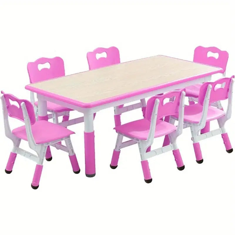 7pcs Table and Chair Set, Height-adjustable Table with 6 Chairs for Multi-purpose Study Table with Non-slip Legs, Doodle Tabletop, Suitable for Home/ daycare Center