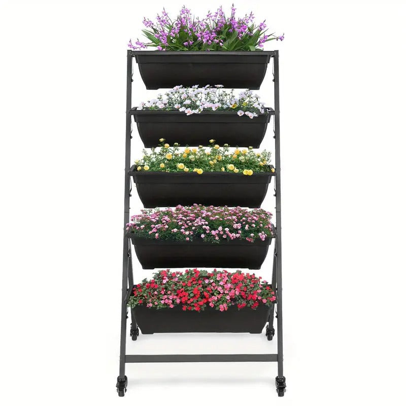 5-Tier Plastic Plant Stand with Wheels, Casual Style Square Flower Pot Holder, Lightweight, with Multiple Components for Indoor/Outdoor Use, Indoor Planter Pots