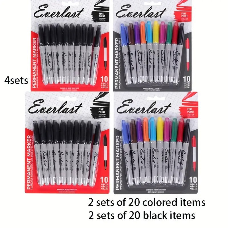 [Vibrant Permanent Markers Set] 20 Colorful & 20 Black Permanent Markers, 4 Sets - Mixed Color, Waterproof, Quick-Drying, Durable, Suitable for Office
