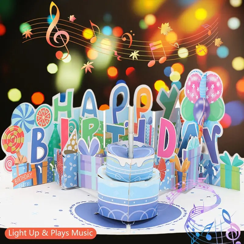 Firework Birthday Cards, Music & LED Lights 3D Pop Up Greeting Card with Blowable Birthday Cake, Comes with Digital DIY, Sticky Note And Envelope, for Lover, Family And Friend