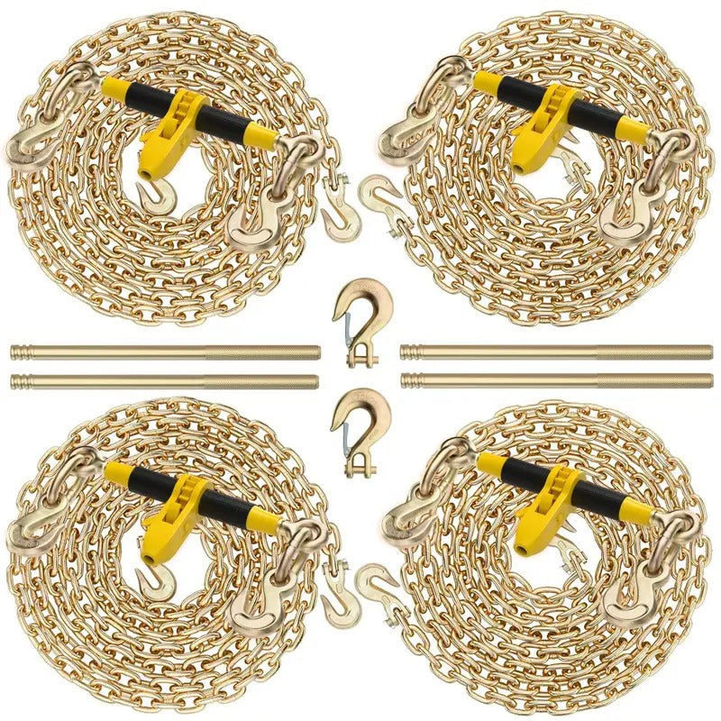 Ratchet Load Binders and Chains Set | 4700lbs WLL 5/16"x10FT G80 Transport Tow Chain | Detachable 5/16"-3/8" Chain Binders Ratcheting | 2 Latch Hook |18800lbs Break Strength for Truck Trailer Tie Down