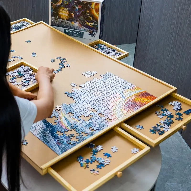 1500pcs Puzzle Board School Supplies, 27x35 Inch Wooden Puzzle Table with 6 Drawers, Portable Puzzle Organizer Storage for Tiles, Kids Adults Family Game Cool Room Decor Cheap Fun