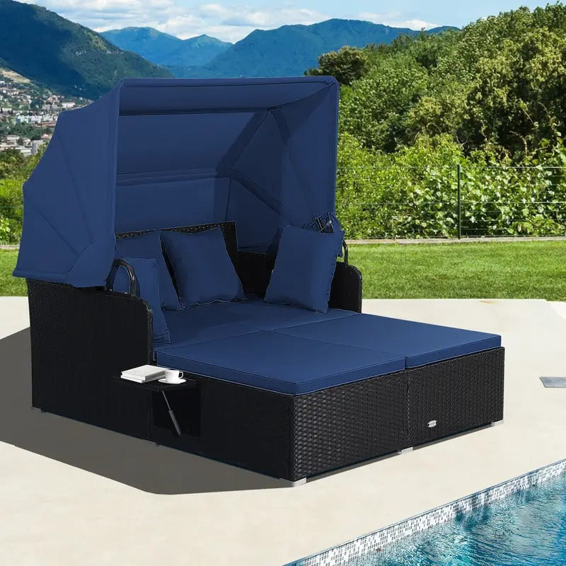 LIFEZEAL Outdoor Patio Daybed with Retractable Canopy - Extra Large Cushioned Lounge, Navy Blue PE Rattan-like Furniture, Heavy-Duty Metal Frame, Easy-Clean Cushion Covers for Poolside, Garden