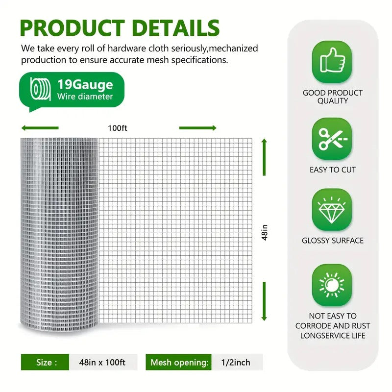 [Galvanized Hardware Cloth] Galvanized 19 Gauge Hardware Cloth | 1/2 Inch Chicken Wire Fence, Welded Cage Wire Mesh Roll Supports Poultry Netting Cage Fence