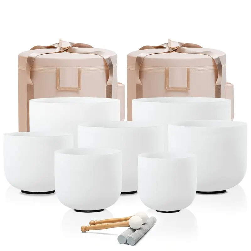 [Quartz Crystal] 432Hz 6"-12" Set Of 7 Chakra Frosted Quartz Crystal Singing Bowl Sound Bath Bags | Frosted Chakra Quartz Crystal Singing Bowls | For Bath Sound Bowls Meditation Set Yoga