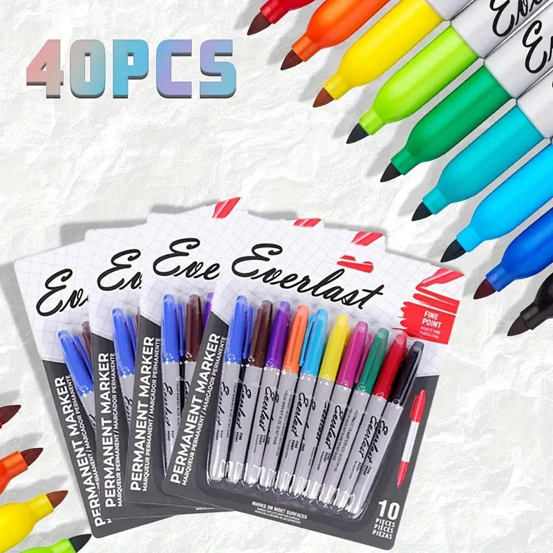 4 Sets (40 Colors Total) Permanent Markers - Non-Toxic, Waterproof, Fast-Drying, Vibrant Red, Orange, Green, Blue, Yellow, Purple, Pink, - Heavy-Duty Plastic Construction for Office, School, Art, Crafts, Banner, Poster