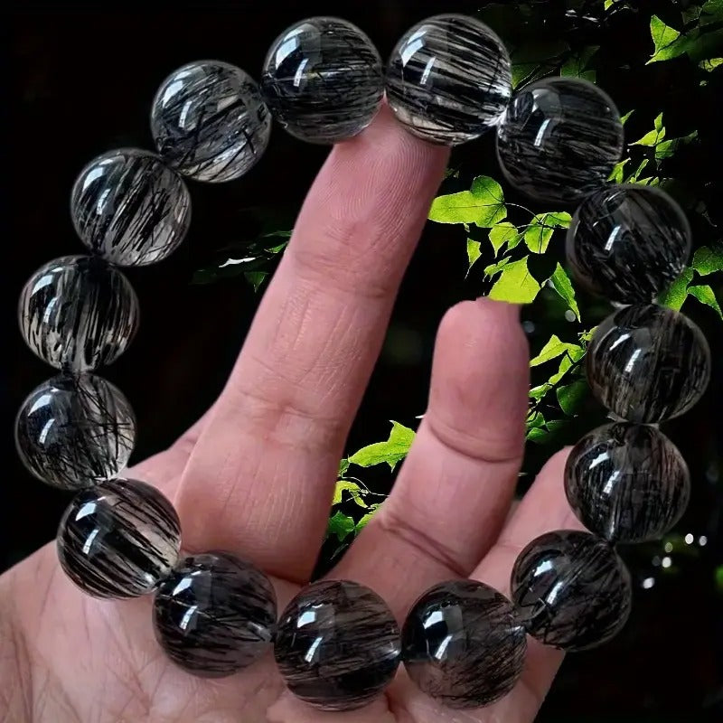 Natural Black Quartz Bead Bracelet - Hip-Hop Style Unisex Couple's Gift, Polished Glossy Beads for Year-Round Wear, Durable Everyday Jewelry for Him & Her