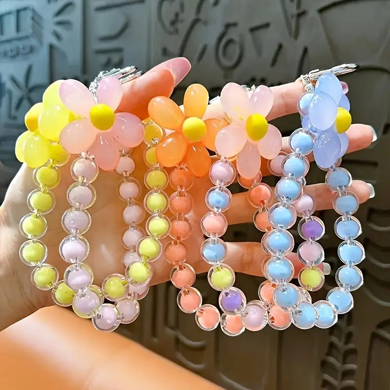 Five-piece Set Of Fashionable Macaron Color Bead Petal Mobile Phone Lanyard Style Handmade String Mobile Phone Chain Wristband