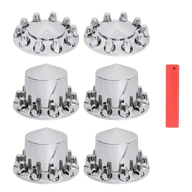 33mm Axle Cover Chrome Combo Kit, Dome Screw-on Lug Nut Covers with 2 Front And 4 Rear Axle Wheel Covers Removable Pointed Hub Caps for Semi Trucks