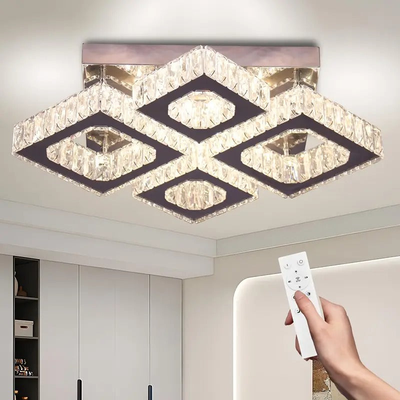 22" Modern Crystal Chandelier with Remote Control - 4-Light LED Flush Mount Ceiling Light, Polished Finish, Dimmable & Adjustable Brightness for Living Room, Bedroom, Kitchen,