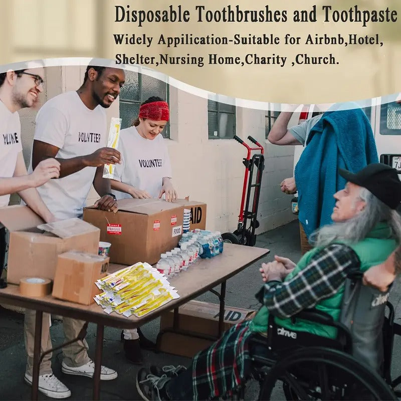 Disposable Toothbrushes with Toothpaste, 200 Pack Yellow Hollow Individually Wrapped Disposable Travel Toothbrushes Kit in Bulk for Homeless, Nursing Home, Hotel, Charity