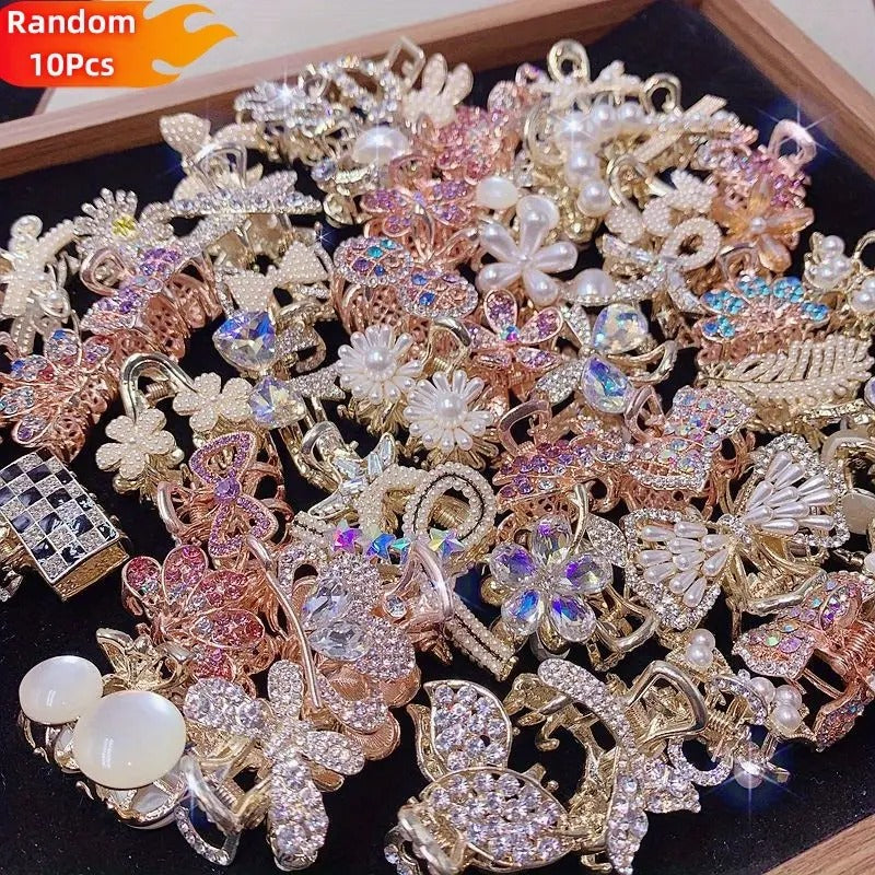 Random 10pcs Luxury Zirconia Women'S Bow Hair Accessories - Glamorous Flower Design Claw Clips, Colorful Non-Slip Grips, Elegant Hairpins for Styling and Weddings, Daily Wear, Hair