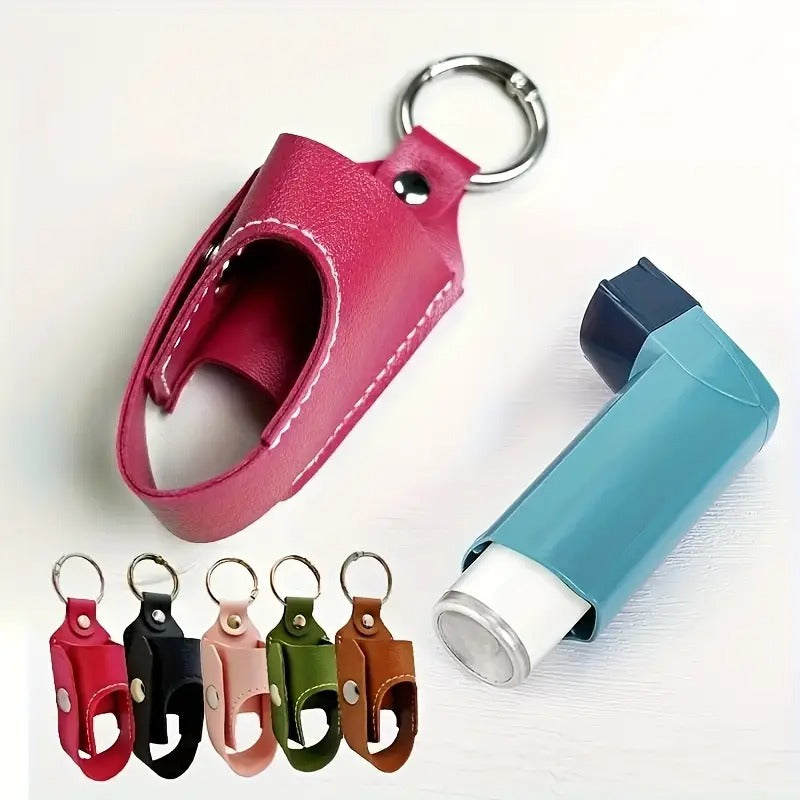 2pcs Faux Leather Inhaler Keychain Cases - Durable, Easy to Carry, Protects Asthma & Cough Bottles, Stylish Keychain Design in Black, Blue, Pink, Green