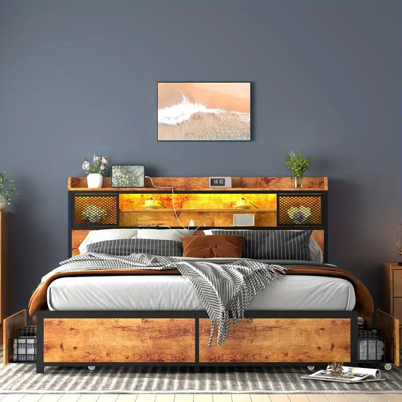 Queen Bed with 4 Storage Drawers, Queen Size Bed Frame with 3-Tier Storage Headboard, No Box Spring Needed