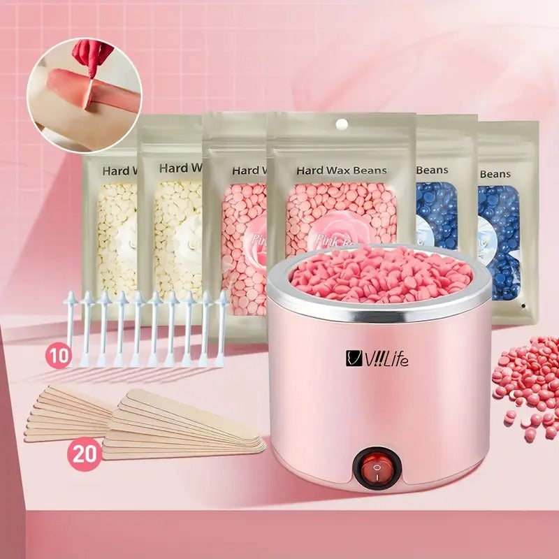 Wax Kit Hard Wax For Hair Removal 6 Packs Wax Beads Waxing Kit For Women Hot Wax Warmer Pot For Face, Eyebrow, Body, Bikini With 20pcs Wood Sticks And10pcs Nose Wax Sticks