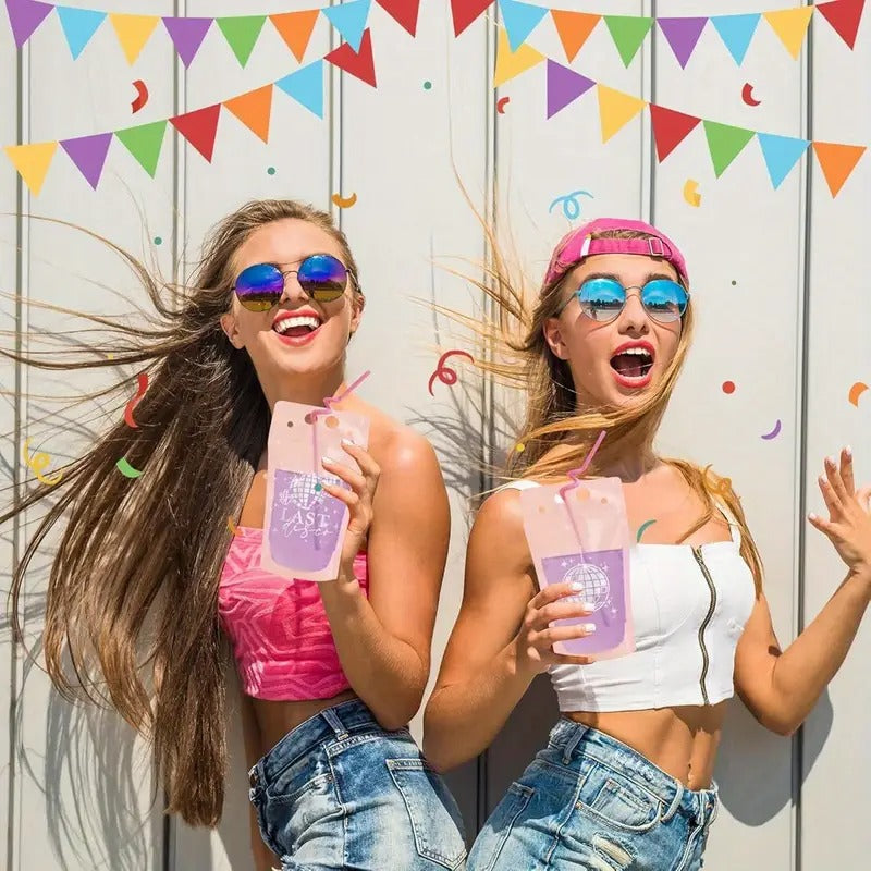 36 Sets 70s Disco Party Drink Pouches with Straws - Resealable Clear Plastic Zipper Bags for Adults, Sweet Juice & Cocktail Cups, Vibrant Colorful Design for Themed Parties, Festive Gatherings,
