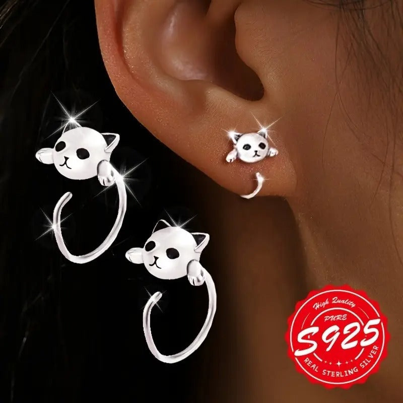 S925 Silver Cute Cat Ear Hooks - A Pair of Hypoallergenic Ladies' Earrings for Valentine'S Day - Unique and Playful Design