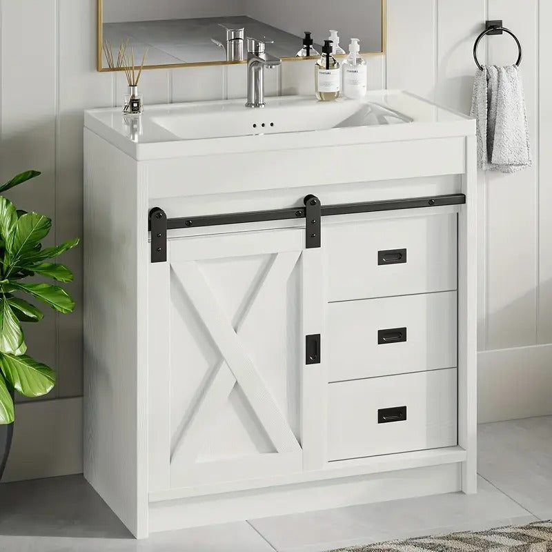 Farmhouse Bathroom Vanity With Sink, White Sliding Barn Door Bathroom Vanity Cabinet With Storage Drawers, Small Single Bath Storage Vanity Sink, Valentines Decorations For Home