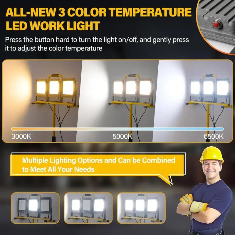 31000LUMEN 3-Head LED Work Light with Adjustable Tripod Stand - Portable IP66 Worklights, 3000K/5000K/6500K Selectable Color Temp, 16.5ft Cord & Foldable Design for Indoor/Outdoor Use