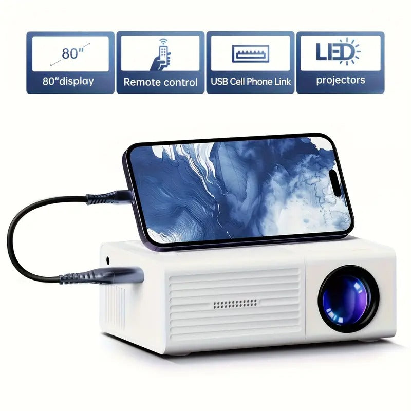 Portable Projector, Support 1080P, USB Connection, Remote Control - Compatible With Smartphones, Tablets, Laptops, TV Sticks And USB Drives, Desktop Mount, LCD Display, Power