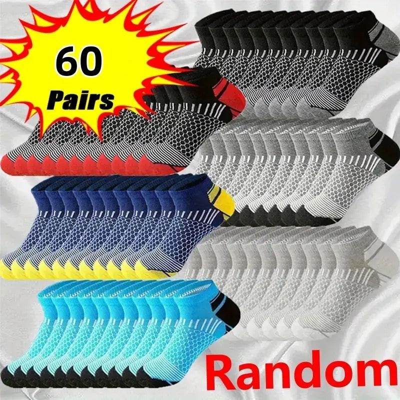 60-Pair Men'S Athletic Ankle Socks - Breathable Polyester Knit Fabric, Moisture-Wicking Low Cut Sport Socks, Non-Slip Solid Color, Hand Washable - Multiseason Bundle Pack
