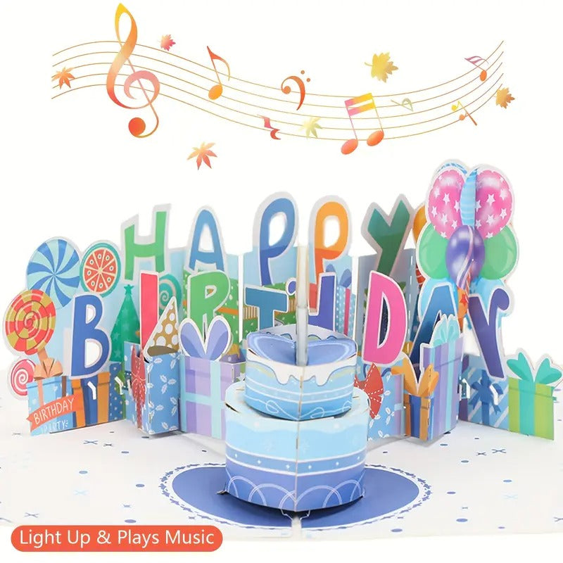 Firework Birthday Cards, Music & LED Lights 3D Pop Up Greeting Card with Blowable Birthday Cake, Comes with Digital DIY, Sticky Note And Envelope, for Lover, Family And Friend