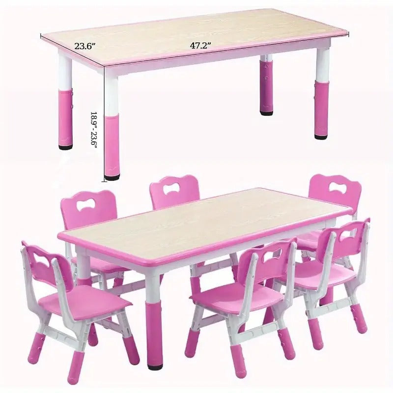 7pcs Table and Chair Set, Height-adjustable Table with 6 Chairs for Multi-purpose Study Table with Non-slip Legs, Doodle Tabletop, Suitable for Home/ daycare Center