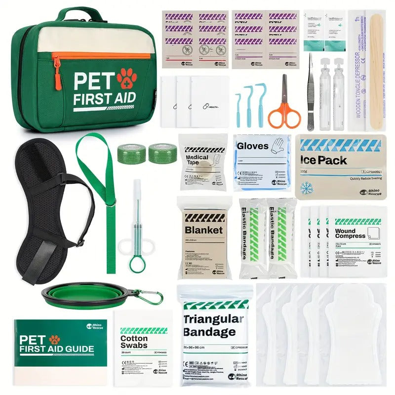 RHINO RESCUE Pet First Aid Kit, Emergency Supplies For Dogs & Cats, Safety Essentials Pack, Disposable Booties For Home, Hiking, Traveling & Camping, FSA HSA Eligible
