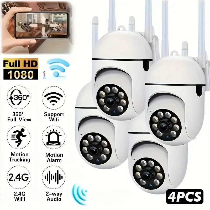 4pcs WiFi Security Camera, 1080P Wireless Outdoor Home Surveillance, with 360° Panoramic View, Smart PIR Motion Detection, Color Night Vision, Two-Way Audio, PTZ Control, Indoor Use App, Remote Viewing, Living Room Camera