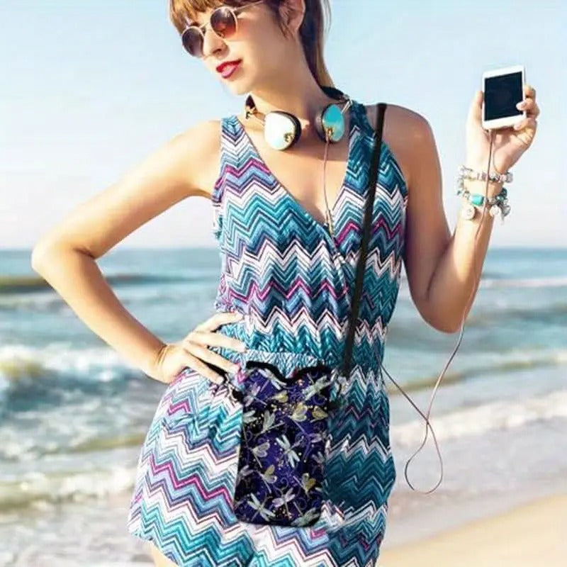 Universal Neoprene Mobile Phone Pouch 7.1 X 4 Inches with Crossbody Strap/Neck Lanyard Featuring a Dragonfly Design