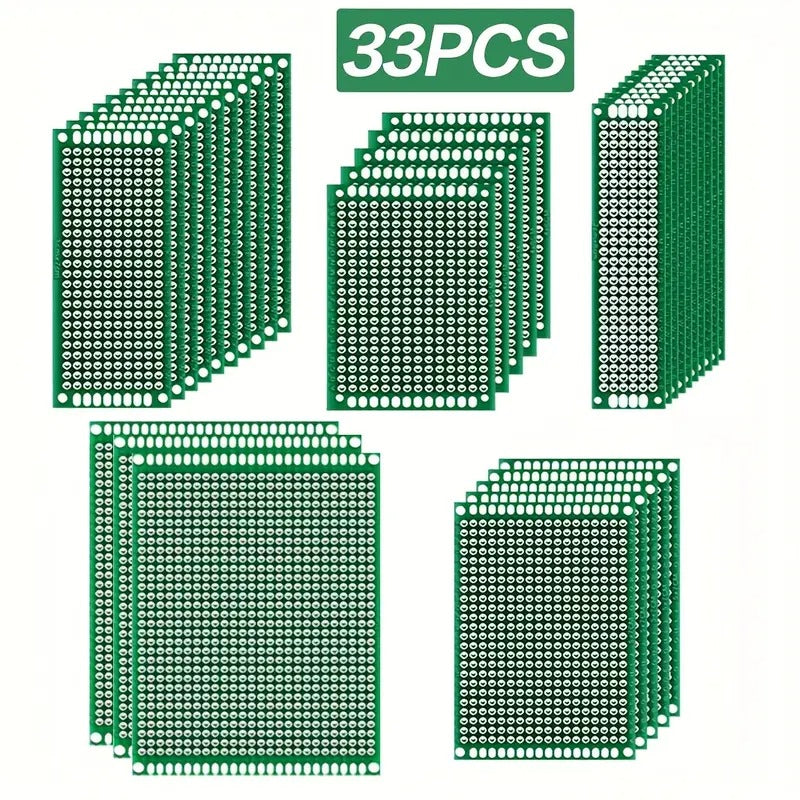 33pcs Double-sided PCB Prototype Circuit Board Kit, 5 Sizes Of Green Universal Printed Circuit Boards, Can Be Used for Electronic Component Soldering, Suitable for DIY Soldering Projects.