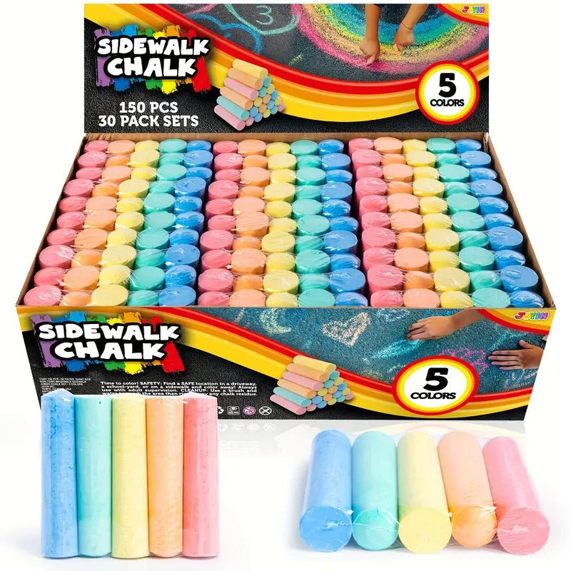 150pcs Sidewalk Chalk Set In 30pcs for Kids, 5 Colors, Giant Box Non-Toxic Jumbo Washable Chalk for Outdoor Art Play, Painting On Chalkboard, Kitchen, Blackboard, Playground,
