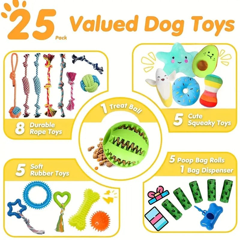 25pcs Dog Teething Toys, Dog Chew Toys Set For Cleaning And Teeth Cleaning, Dog Vocalization Toys, Leash Toy Set Suitable For Puppies