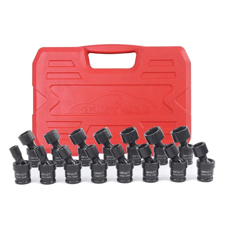 15pcs SEKETMAN Impact Universal Socket Set, 3/8"inch Drive, Swivle Head, Adjustable, 6 Point, Metric, 8-22mm, CR-MO STEEL Made, Professional Automotive Repair Tools