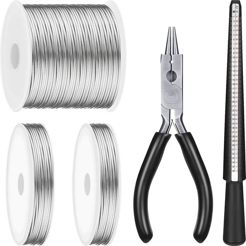 [3 Rolls Craft Wire] 3 Rolls 18/20/22 Gauge Aluminum Craft Wire | Wire For Jewelry Making With Pliers & Ring Sizer | Silver, 1mm, 0.8mm, 0.6mm, 25m