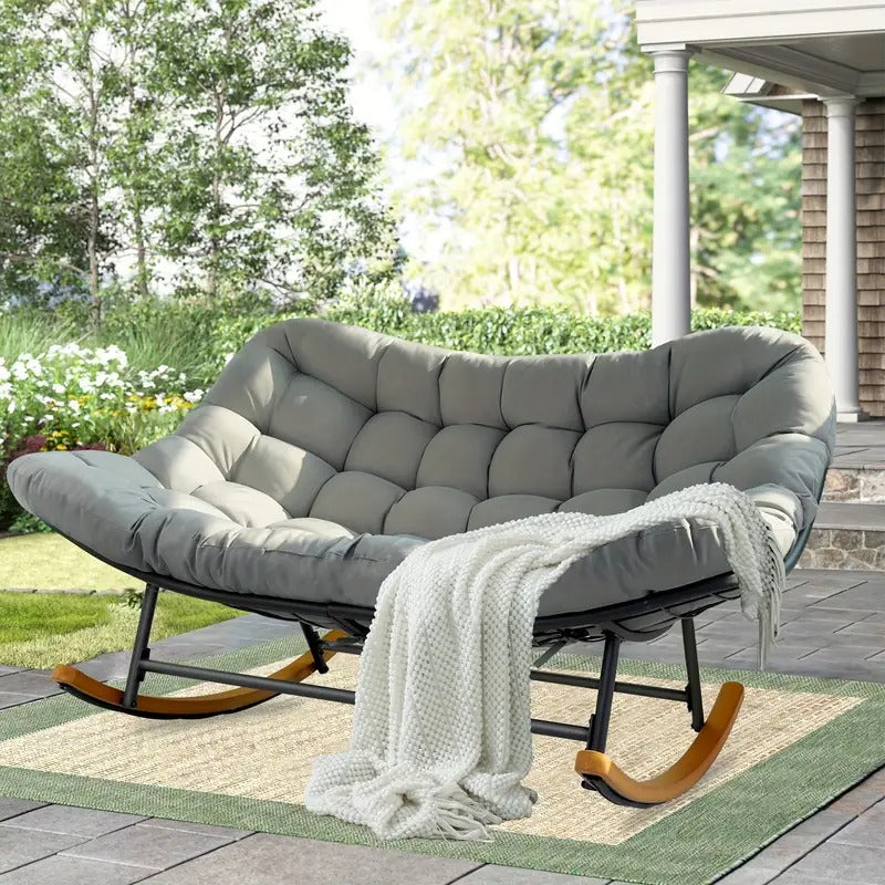 [Papasan Rocking Chair] Patio Rocking Chair Outdoor - Oversized Papasan Rocking Chair For 2 - E-Coated Steel Frame - Thick Cushion