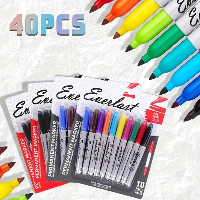 [Vibrant Permanent Markers Set] 20 Colorful & 20 Black Permanent Markers, 4 Sets - Mixed Color, Waterproof, Quick-Drying, Durable, Suitable for Office