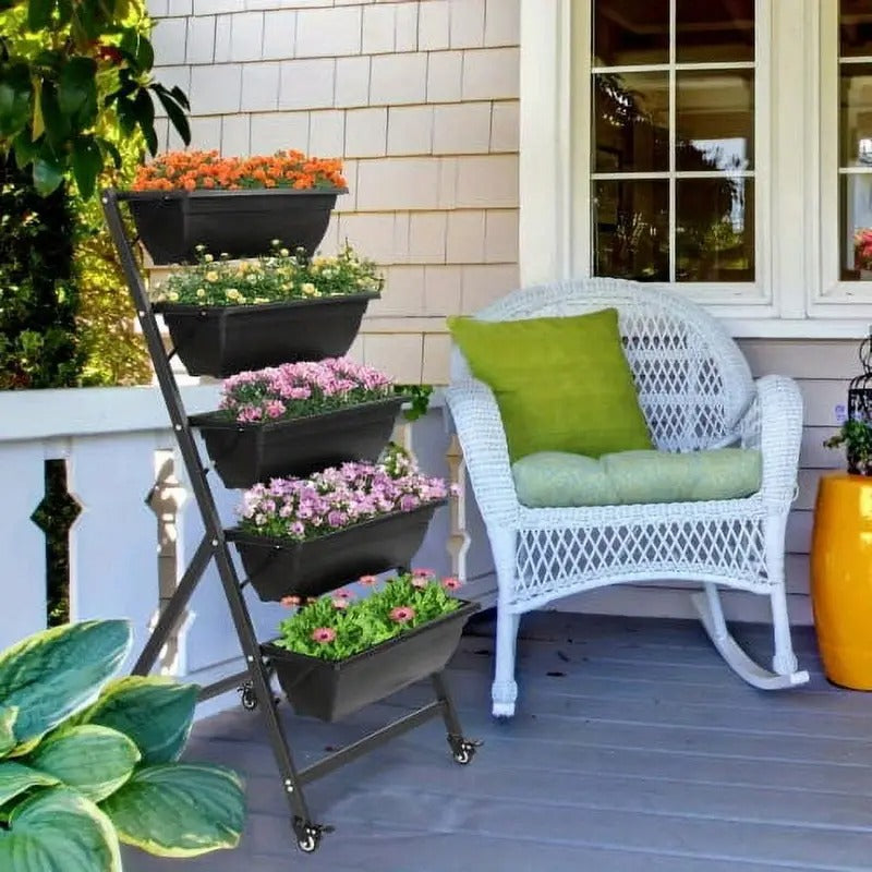 5-Tier Plastic Plant Stand with Wheels, Casual Style Square Flower Pot Holder, Lightweight, with Multiple Components for Indoor/Outdoor Use, Indoor Planter Pots