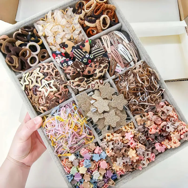 [Princess Hair Set] Women 852pcs Set Coffee Color Bow Star Simple Cute Princess Headdress Rubber Band Hair Ring Hairpin BB Clip Hair Grab Clip Hair Accessories Combination Set Daily Use Gift