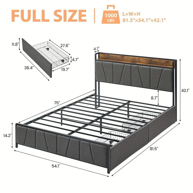 Full Size Bed Frame with 2 Storage Drawers, Linen Upholstered Platform Bed Frame with Storage Headboard And Charging Station, Heavy Duty, Easy to Assemble, No Box Spring Needed