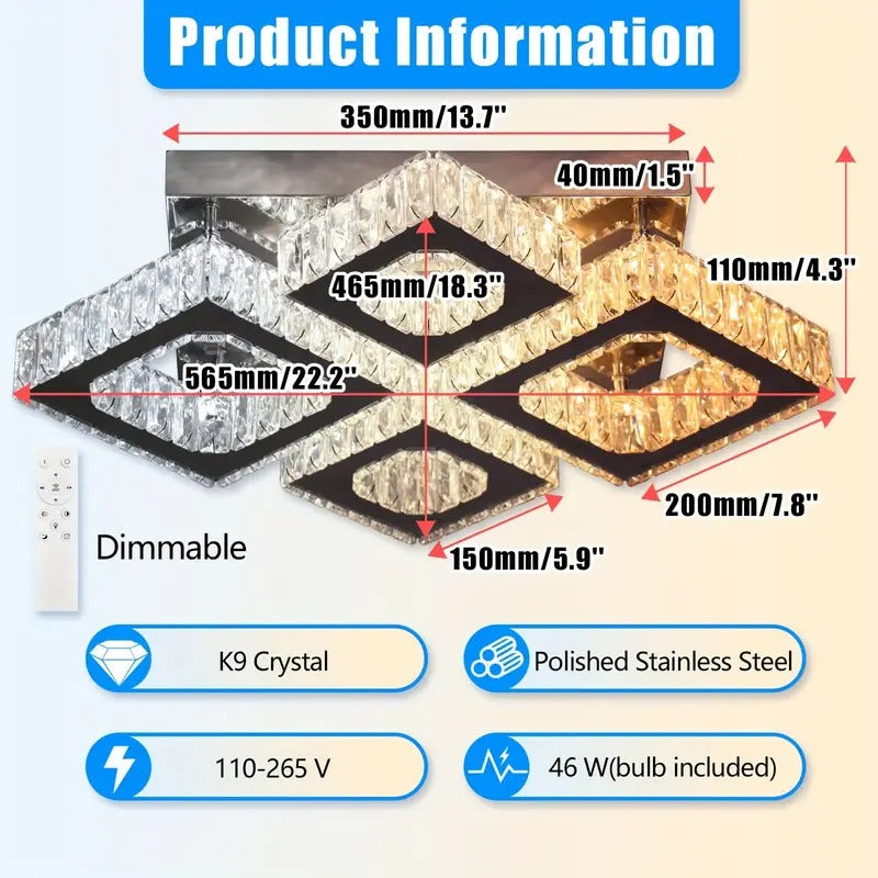 22" Modern Crystal Chandelier with Remote Control - 4-Light LED Flush Mount Ceiling Light, Polished Finish, Dimmable & Adjustable Brightness for Living Room, Bedroom, Kitchen,