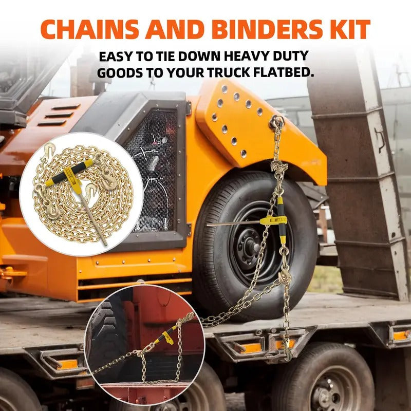 Ratchet Load Binders and Chains Set | 4700lbs WLL 5/16"x10FT G80 Transport Tow Chain | Detachable 5/16"-3/8" Chain Binders Ratcheting | 2 Latch Hook |18800lbs Break Strength for Truck Trailer Tie Down