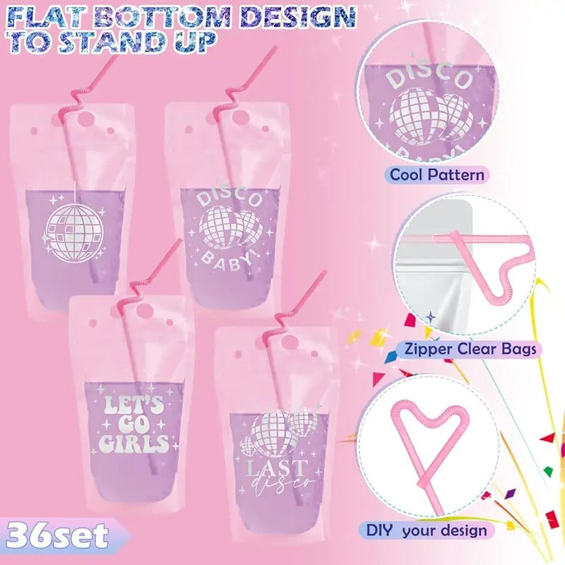 36 Sets 70s Disco Party Drink Pouches with Straws - Resealable Clear Plastic Zipper Bags for Adults, Sweet Juice & Cocktail Cups, Vibrant Colorful Design for Themed Parties, Festive Gatherings,