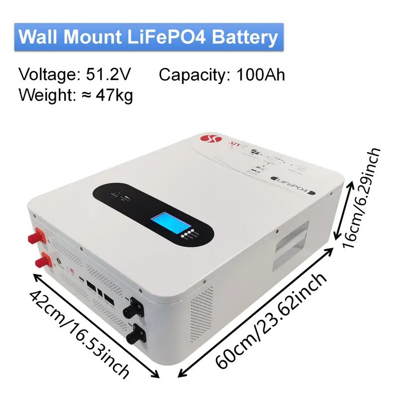 48V 100Ah Grade A Lithium Iron Phosphate Battery 1pc - Rechargeable Metal Battery Pack for Home Solar System, Garage Charging Station - No Electricity Needed, 51.2V 100000mAh Wall Mount