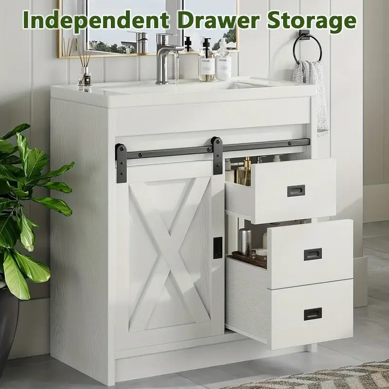 Farmhouse Bathroom Vanity With Sink, White Sliding Barn Door Bathroom Vanity Cabinet With Storage Drawers, Small Single Bath Storage Vanity Sink, Valentines Decorations For Home