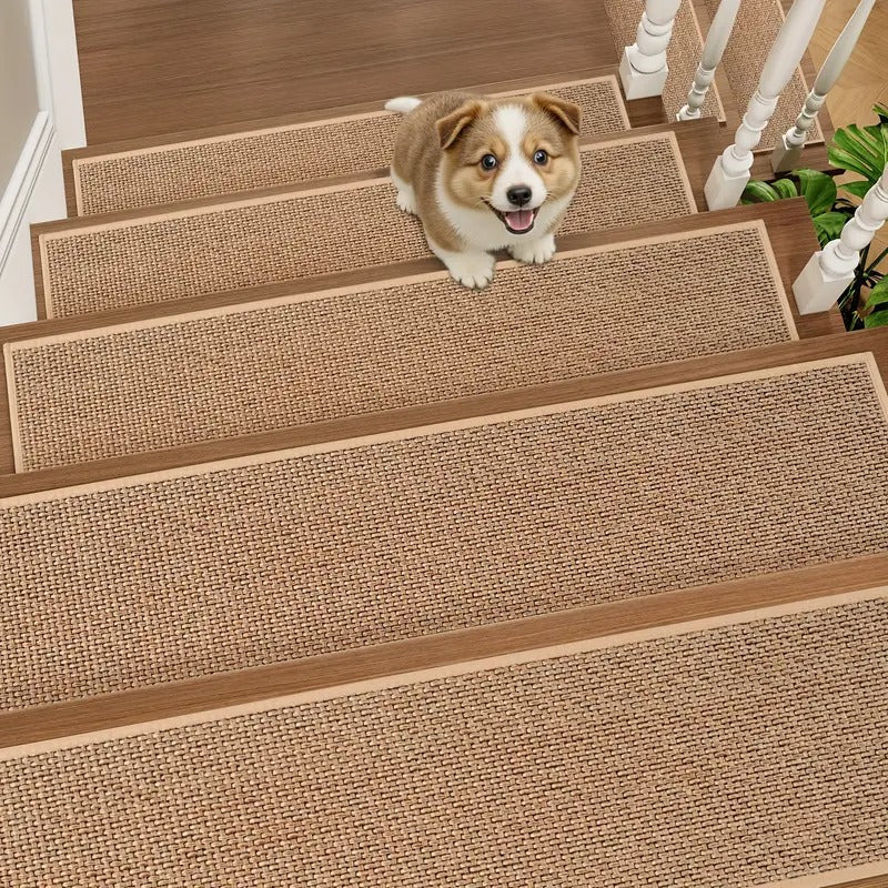 15pcs Beige Stair Step 8x30 Inch Non-Slip Rubber Bottom Thickened Design Suitable for Wooden Floors/Tile Steps Machine Washable Woven Fabric Ideal for Youngsters, Pets, and Seniors Indoor/Outdoor Use