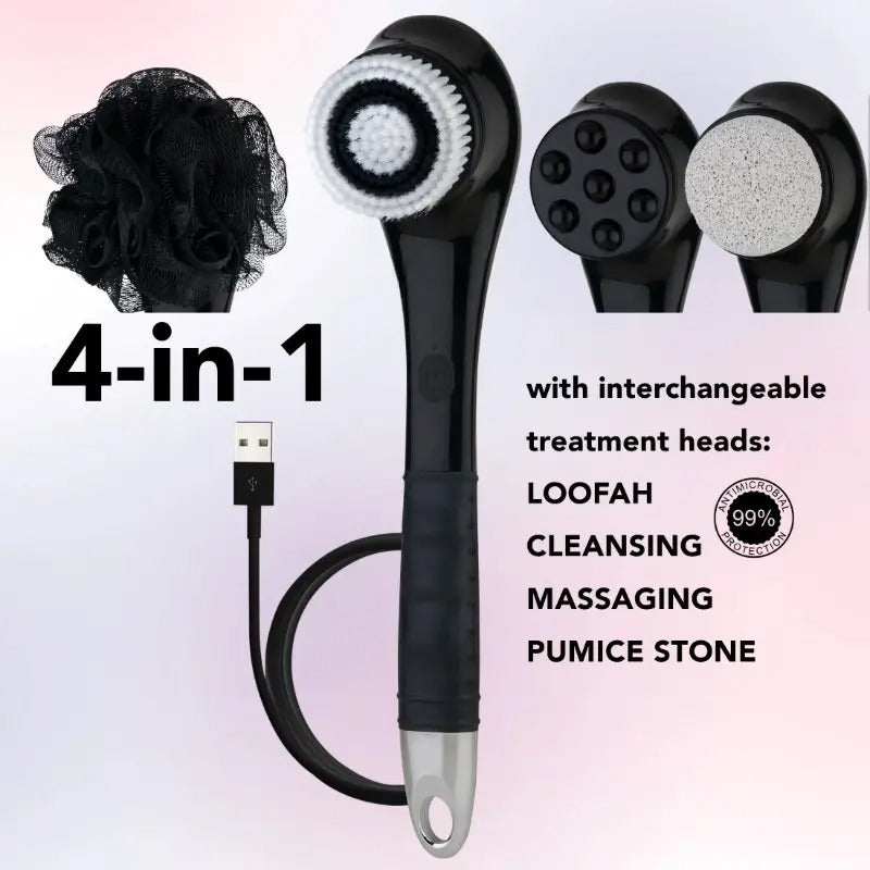 Body exfoliating brush, Bath massage brush, Shower body scrubber, 4 in 1 manual skin care brush for exfoliation, deep cleansing, foot care, lotion application and relaxing massage, full-body bath tool for smoother skin and home