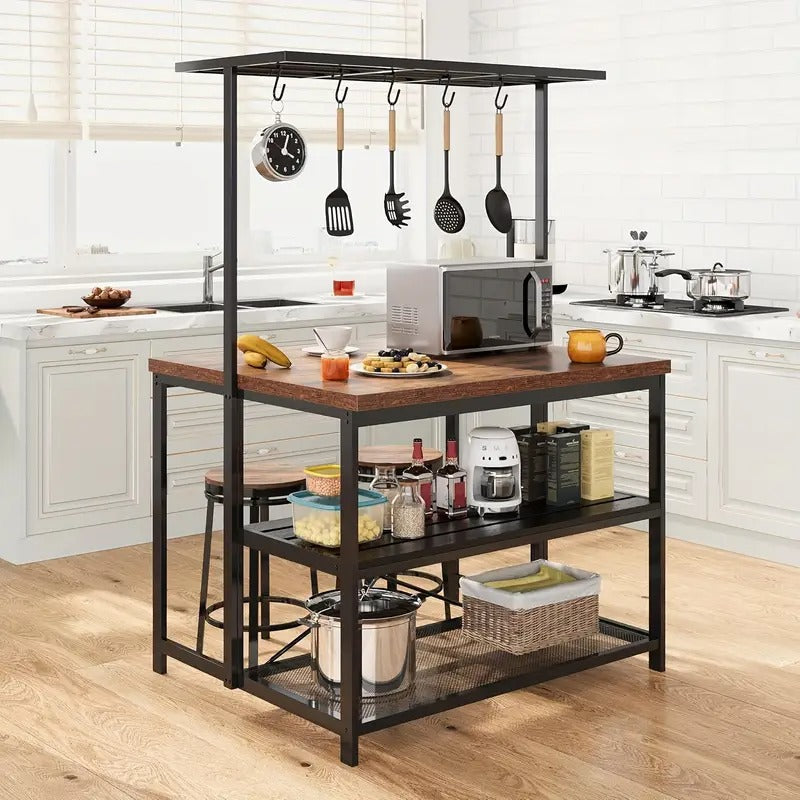 3-Tier Metal Microwave Stand with Storage Shelf & 5 Hooks - Vintage Brown Freestanding Kitchen Island Table, 27" Height, 3.2 Cu Ft Capacity, Sturdy Metal Frame for Bakers, Dining Room, Living Room Organization, Microwave Stand for Kitchen