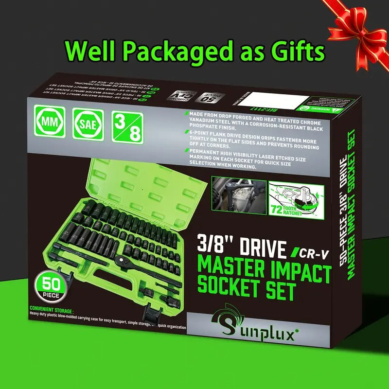 [Impact Socket Set] 3/8inch Drive Impact Socket Set, 50pcs Professional 6 Point Metric (8-22mm) & SAE (5/16-3/4Inch) Sockets, Chromium Vanadium Steel, with Adapters Ratchet Handle & Dedicated Suitcase Packaging. Nice Gifts